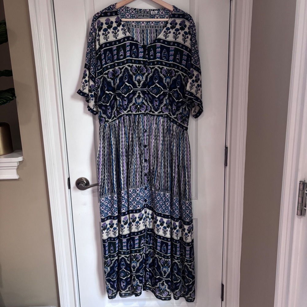 MPH Women 2X Blue Purple Boho Rayon Button Front Maxi Dress Mixed Print Tie Back